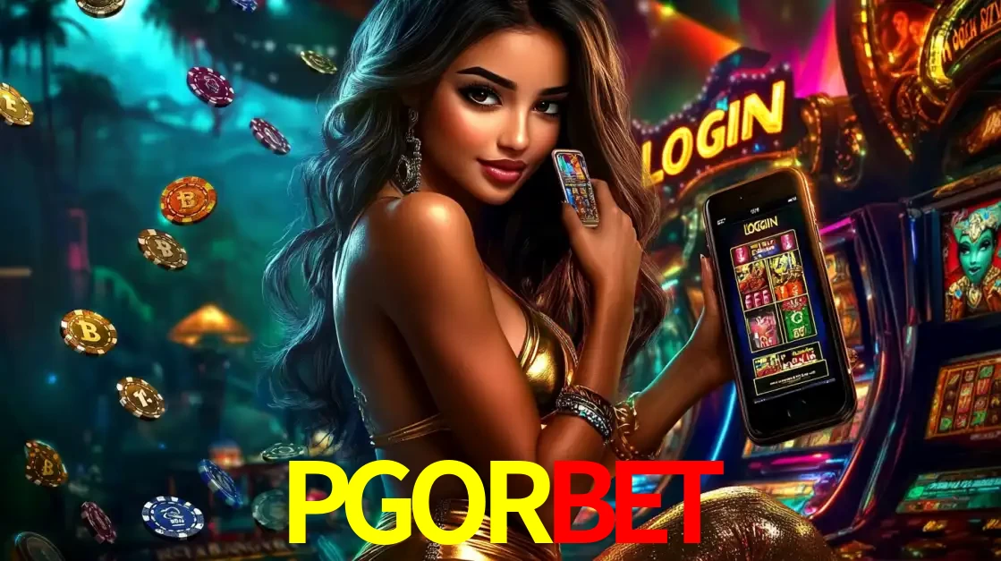 Mulher em um cenário de cassino temático de aventura, mostrando o app de caça-níqueis da PGORBET no celular. Fichas de apostas flutuam ao redor.