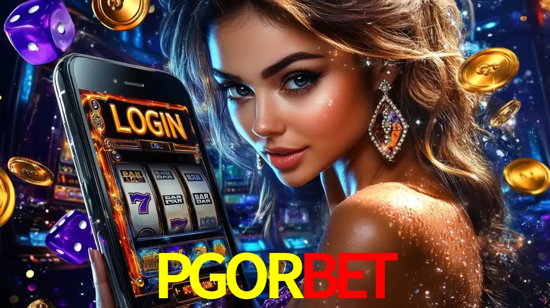 Mulher glamorosa segurando um smartphone com a tela de login para os jogos de caça-níqueis do cassino online PGORBET, com moedas de ouro e dados ao redor.