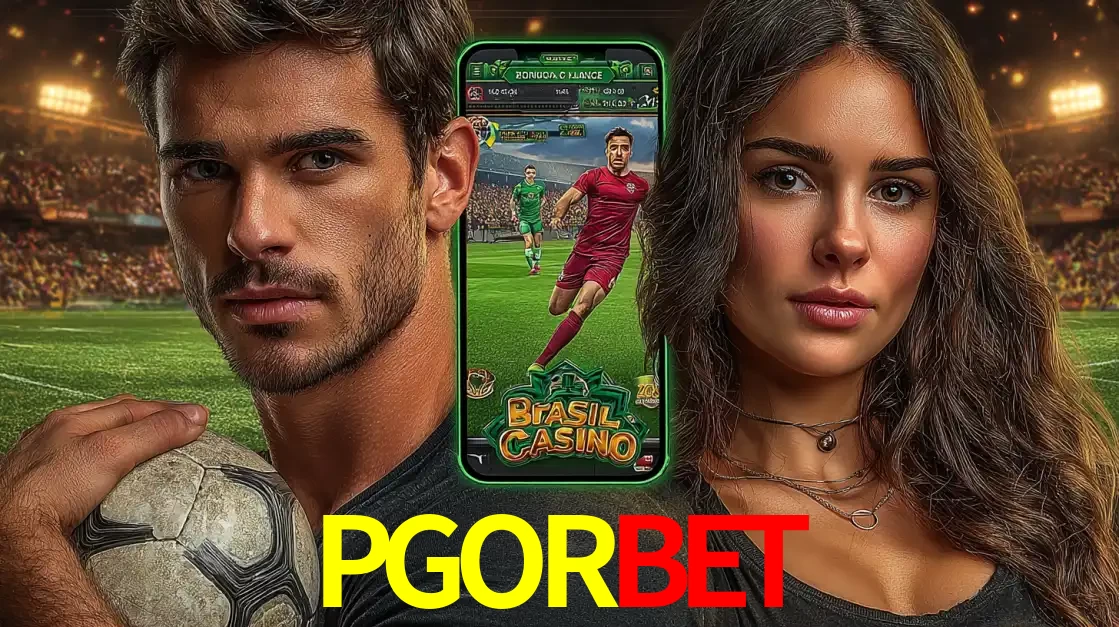 Homem segurando uma bola de futebol e uma mulher ao lado de um smartphone exibindo o jogo de apostas esportivas da PGORBET. Faça seu palpite no cassino online.
